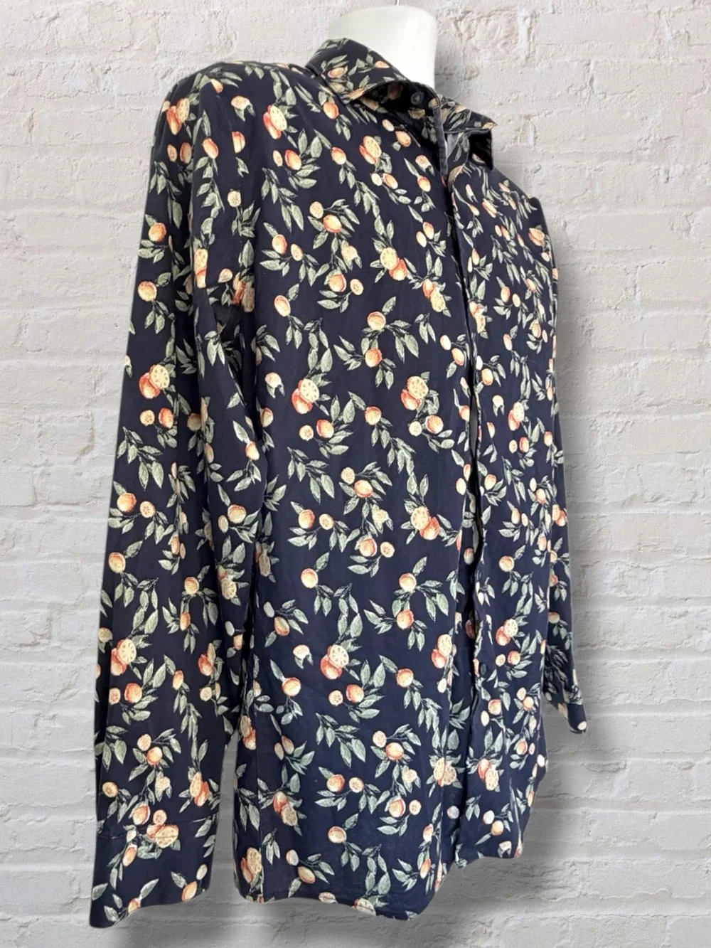 Bar III Mens M 15-15.5 Navy Orange Citrus Print Slim Fit Stretch Dress Shirt